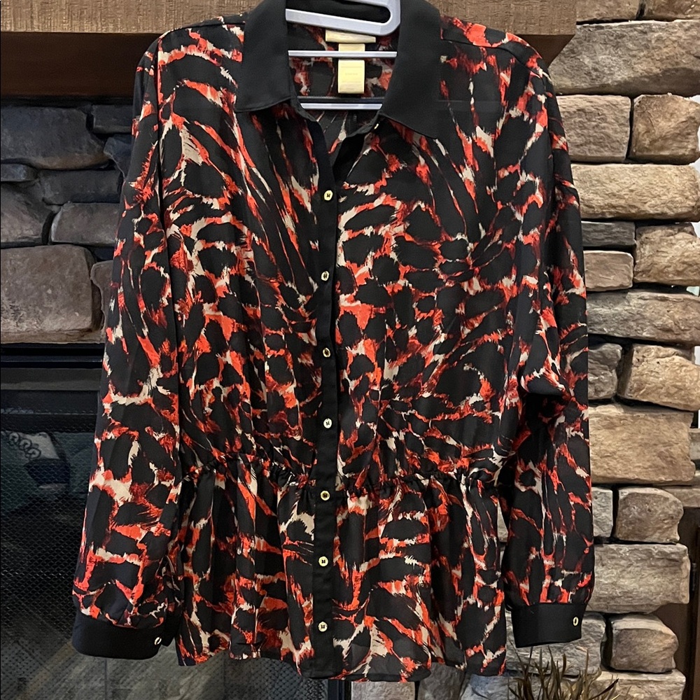 🌷3 Tops for $18 - Miss Tina Red and Black Animal-Print Button-Down Top, Sz. Med